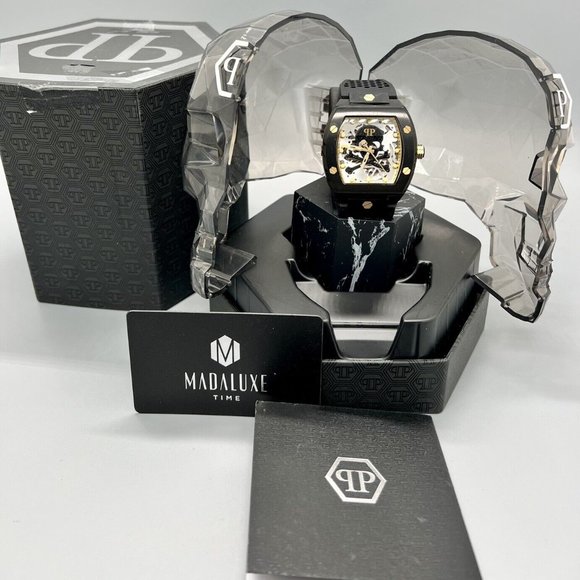 PHILIPP PLEIN Men's Automatic The $keleton Black & Gold-Tone Tonneau Strap Watch - Picture 2 of 9